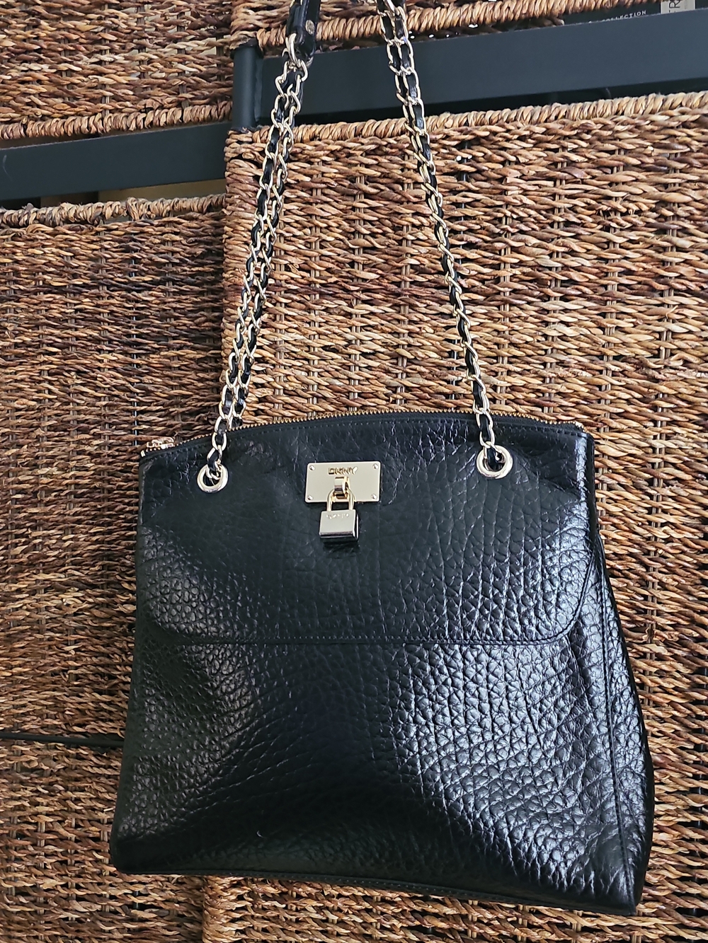 DKNY Black Pebbled Leather Shoulder Bag with Gold Chain Rope Handle
